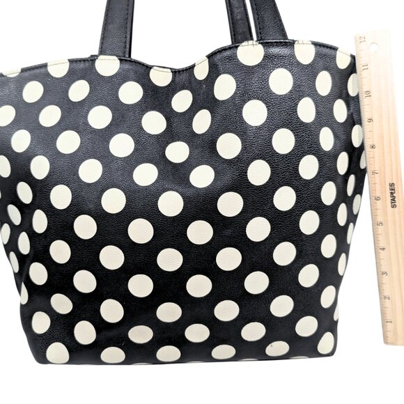 Betsey Johnson Black & White Polka Dot Reversible Faux Leather Large Bow Tote - Picture 3 of 10